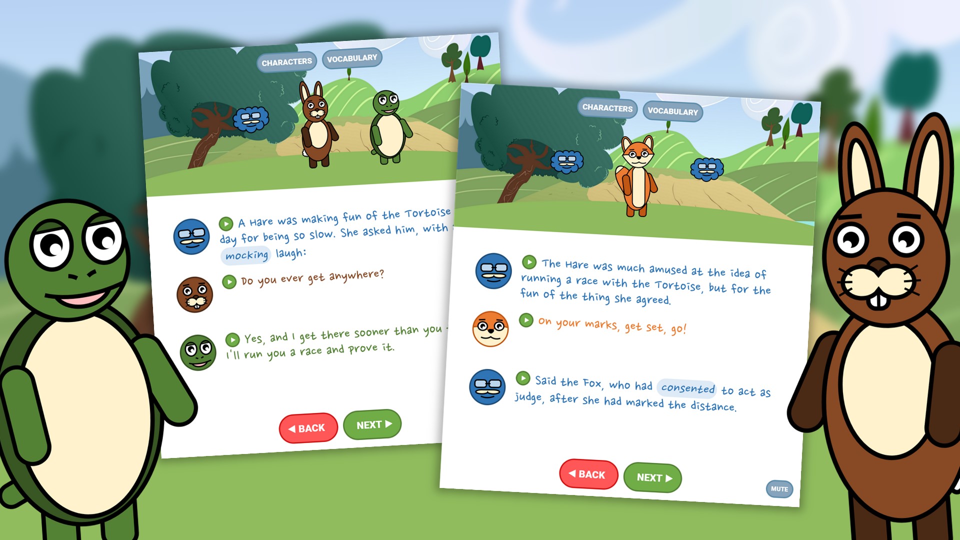 Image showing two story pages from the hare & 
						the tortoise with the tortoise and hare characters on either side