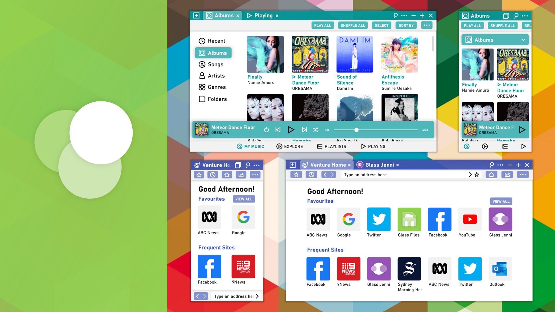 Image of glass icon on a green background on 
						the left and the listen and venture apps on the right