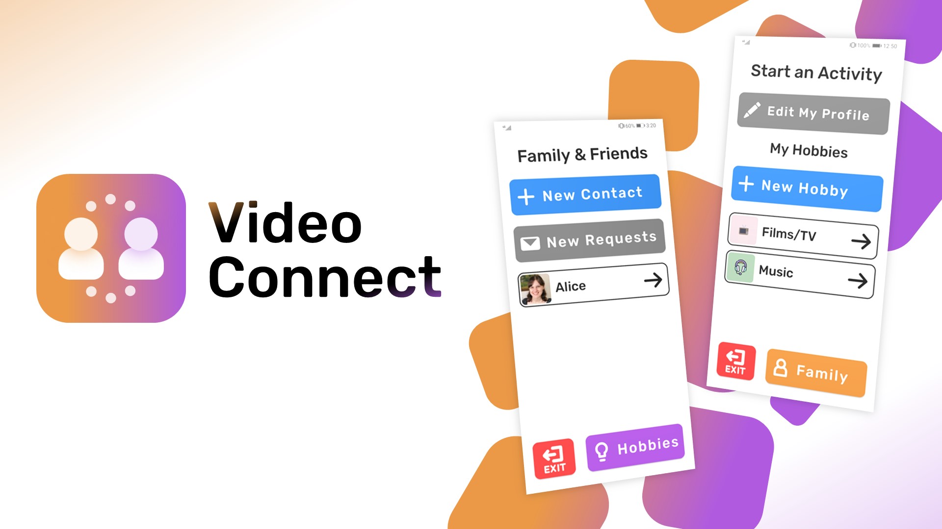 Image of the Video Connect logo and app showing 
						the family and activity screens
