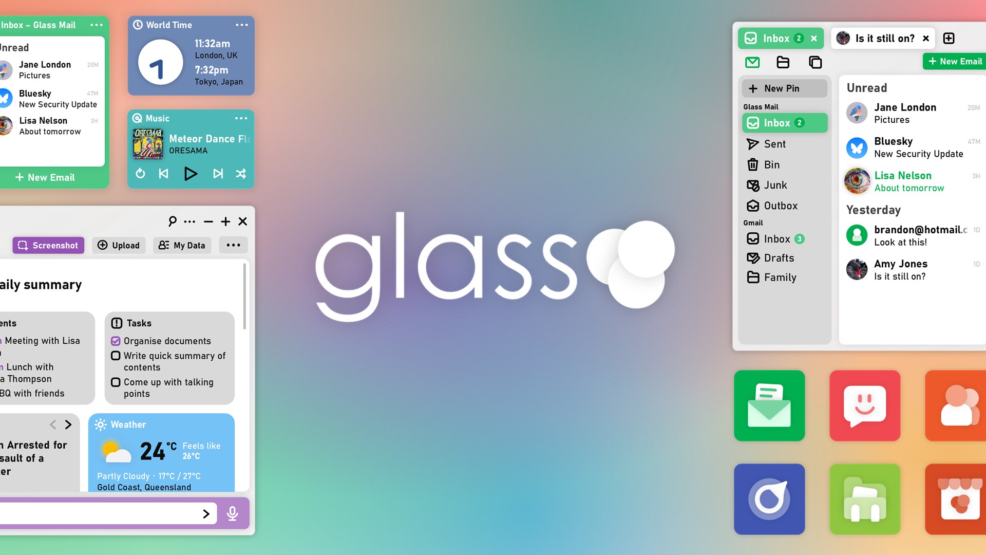 Image showing Glass logo surrounded by two desktop apps, 
						icons, and widgets on a rainbow gradient background