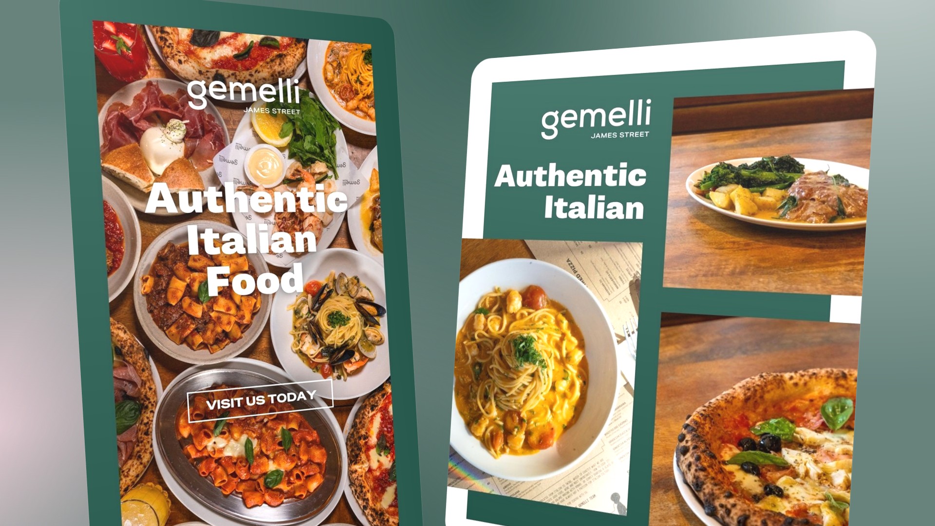 Image of two different Gemelli ad designs, one post and one story, 
						featuring the restaurant's food and the tagline: Authentic Italian
