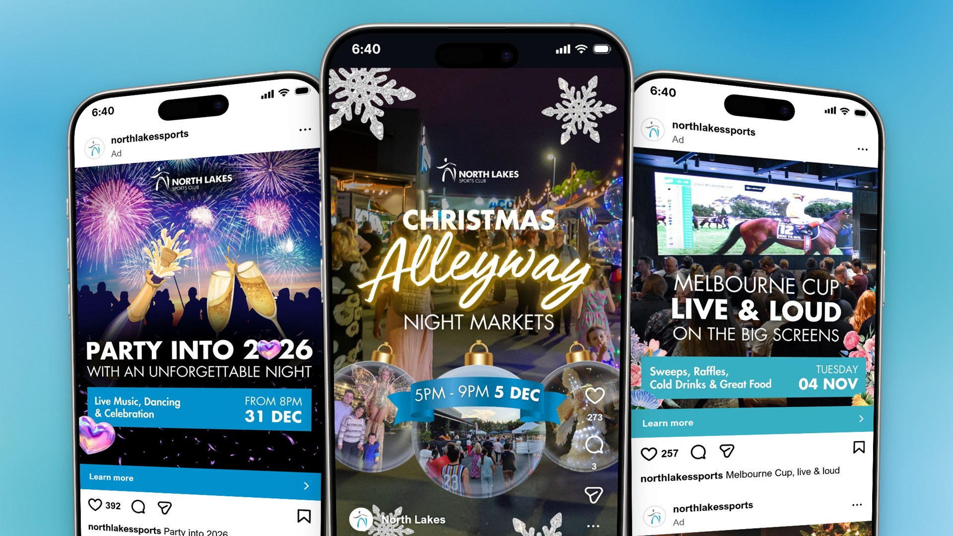 Image of three different North Lakes ad designs: a 4:5 post, a story, 
						and a 1:1 post featuring seasonal events like the Christmas Alleyway Night Markets
